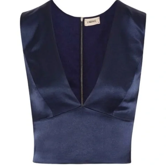 L’Agence Satin Crop Top Plunge Neckline Royal Blue Back Zipper Size 8 - Picture 7 of 7